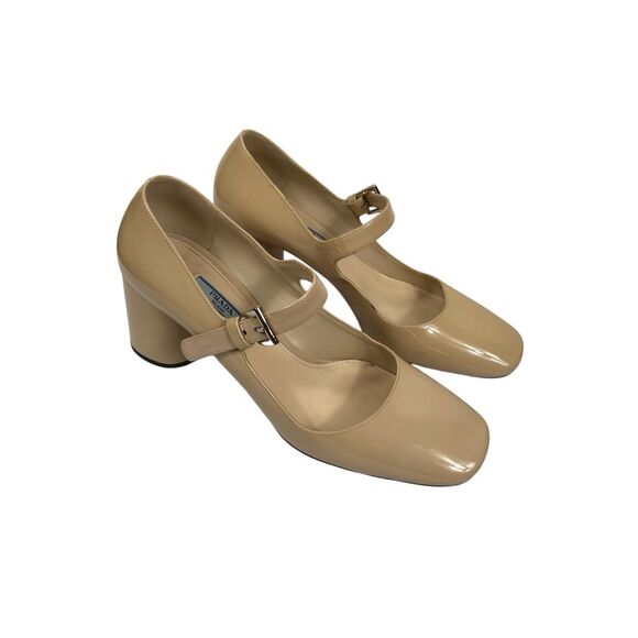 Prada Women's Beige Patent Leather Mary Jane Pumps Size 39 - Picture 1 of 9